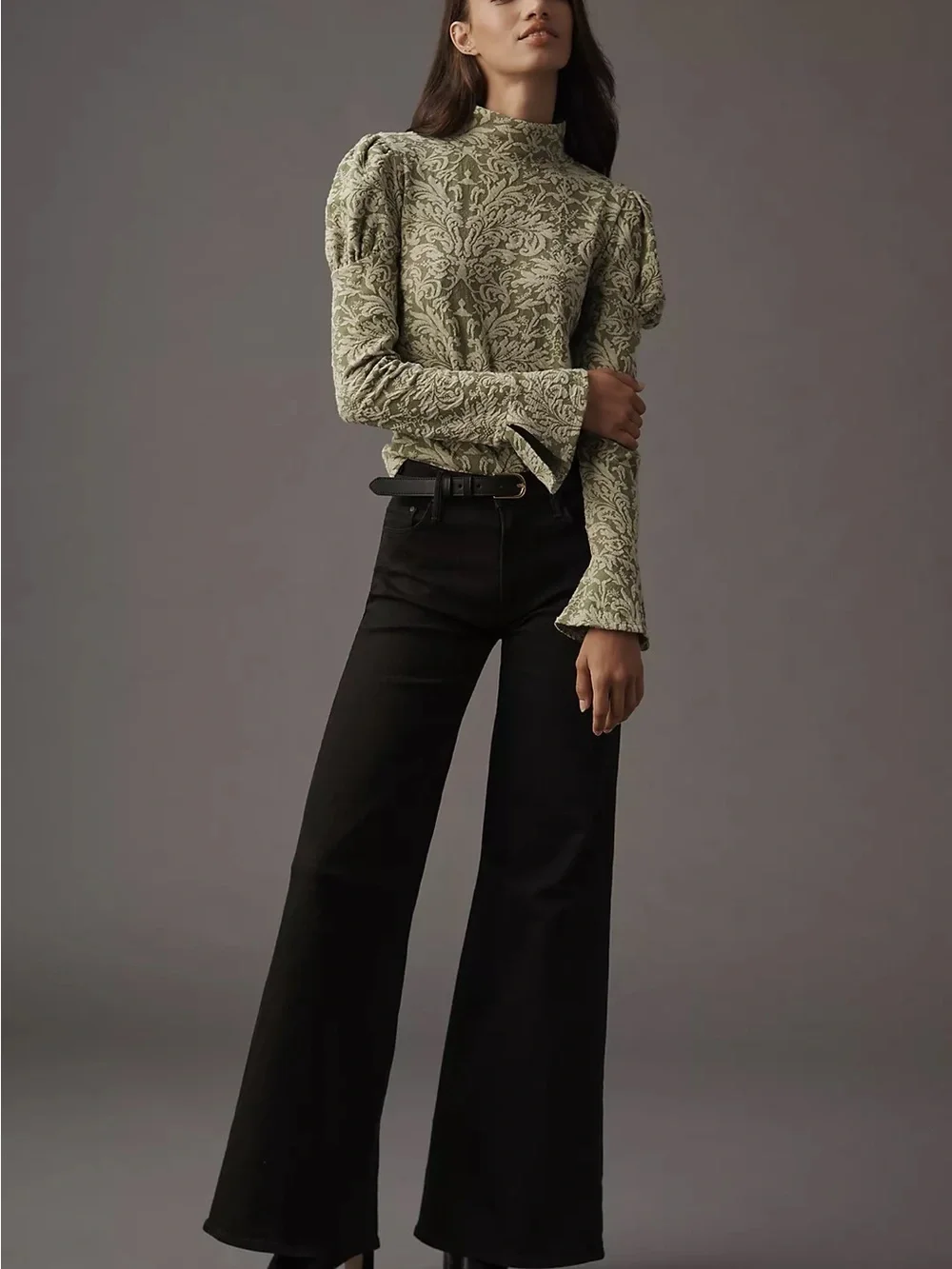 By Anthropologie Puff-Sleeve Turtleneck Jacquard Top